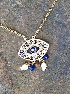 Turkish Jewelry Evil Eye Necklace~Genuine Jade And Tigers Eye~Very Unique!!