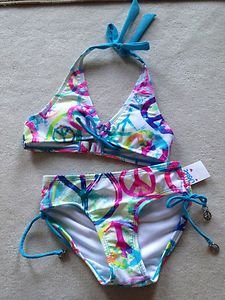 Justice Girls 2 Piece WHITE Peace Bikini Swimsuit Size 8 bathing suit NWT!!