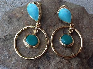 TURKISH EARRINGS~GENUINE JADE AND TURQUOISE~24K PLATED OVER BRASS~made in TURKEY