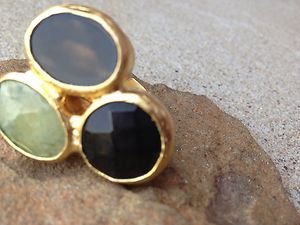 Turkish Style Triple Stone Ring~ADJUSTABLE~ONYX & Green Agate dipped in 24K Gold