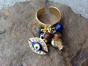 TURKISH JEWELRY EVIL EYE Charm Ring ADJUSTABLE with Genuine Semi Precious CUTE!