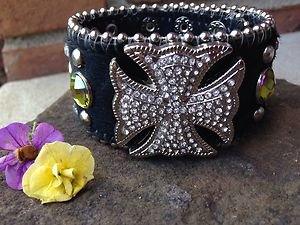 Cowgirl Bling wide CUFF~Genuine Leather & Austrian Crystal~Adjustable NWT!