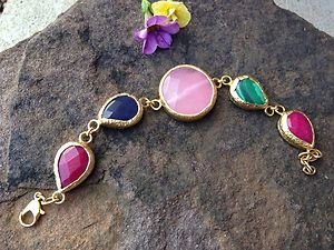 Turkish Bracelet Quartz and Jade 24k Gold Plated Over Brass~Delicate~NWT