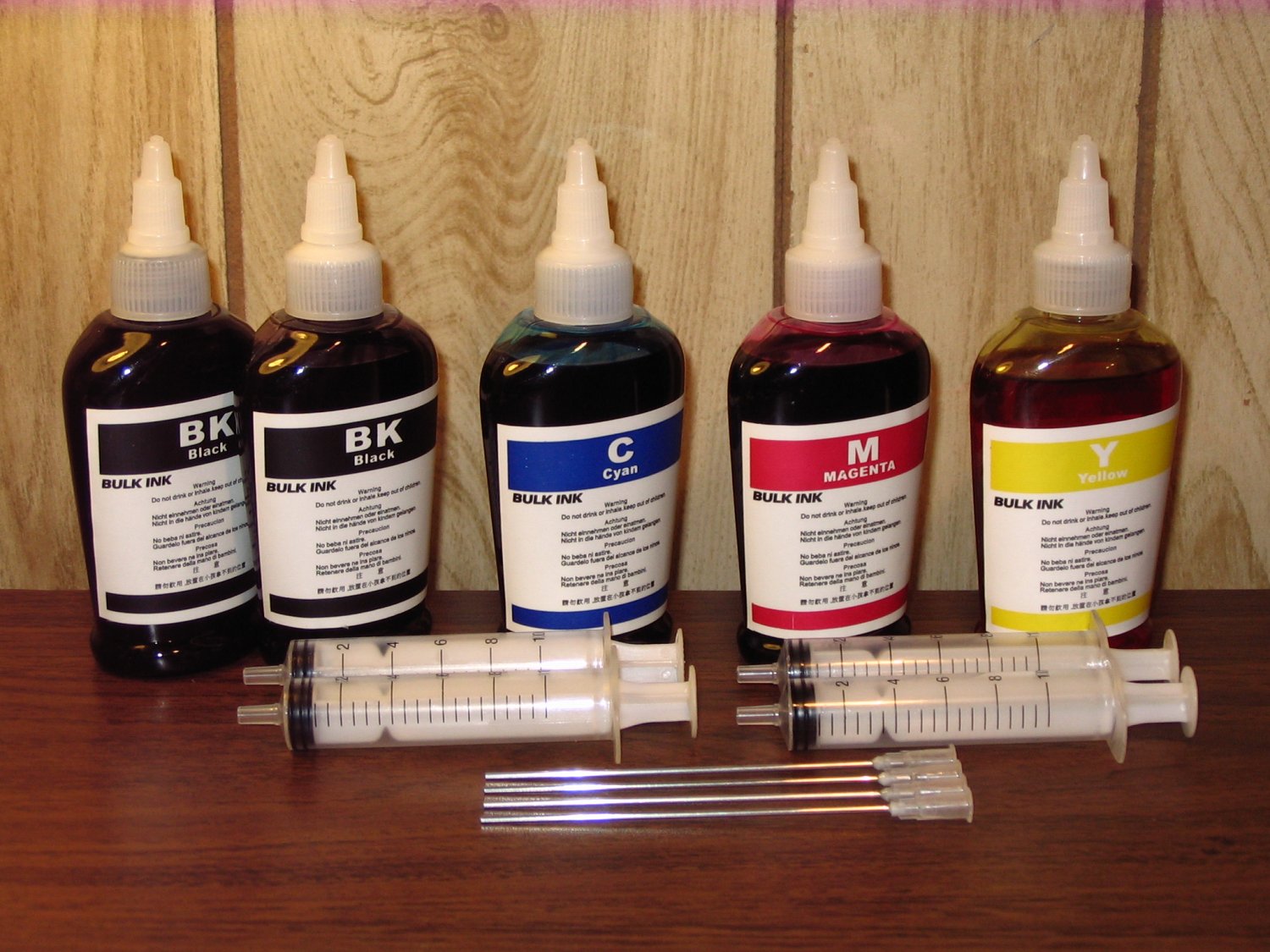 Bulk refill ink for HP ink printer, 100ml x 5 bottles (2 Black, 1C, 1M, 1Y)