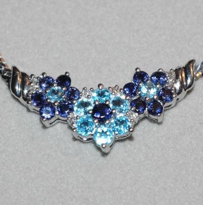 7.65 Carat Blue Topaz, Iolite & Diamond Floral Tier Necklace