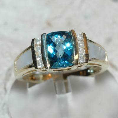 1.37 Carat Topaz, Mother of Pearl & Diamond Ring