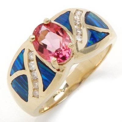 1.74 Carat Genuine Pink Topaz, Diamond & Opal Ring