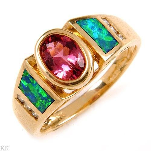 0.76 Carat Tourmaline, Opal & Diamond Ring