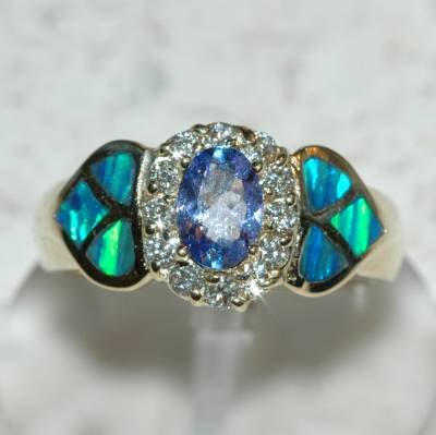 0.92 Carat Tanzanite, Opal & Diamond Ring