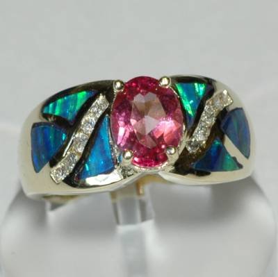 1.74 Carat Pink Topaz, Opal, & Diamond Ring