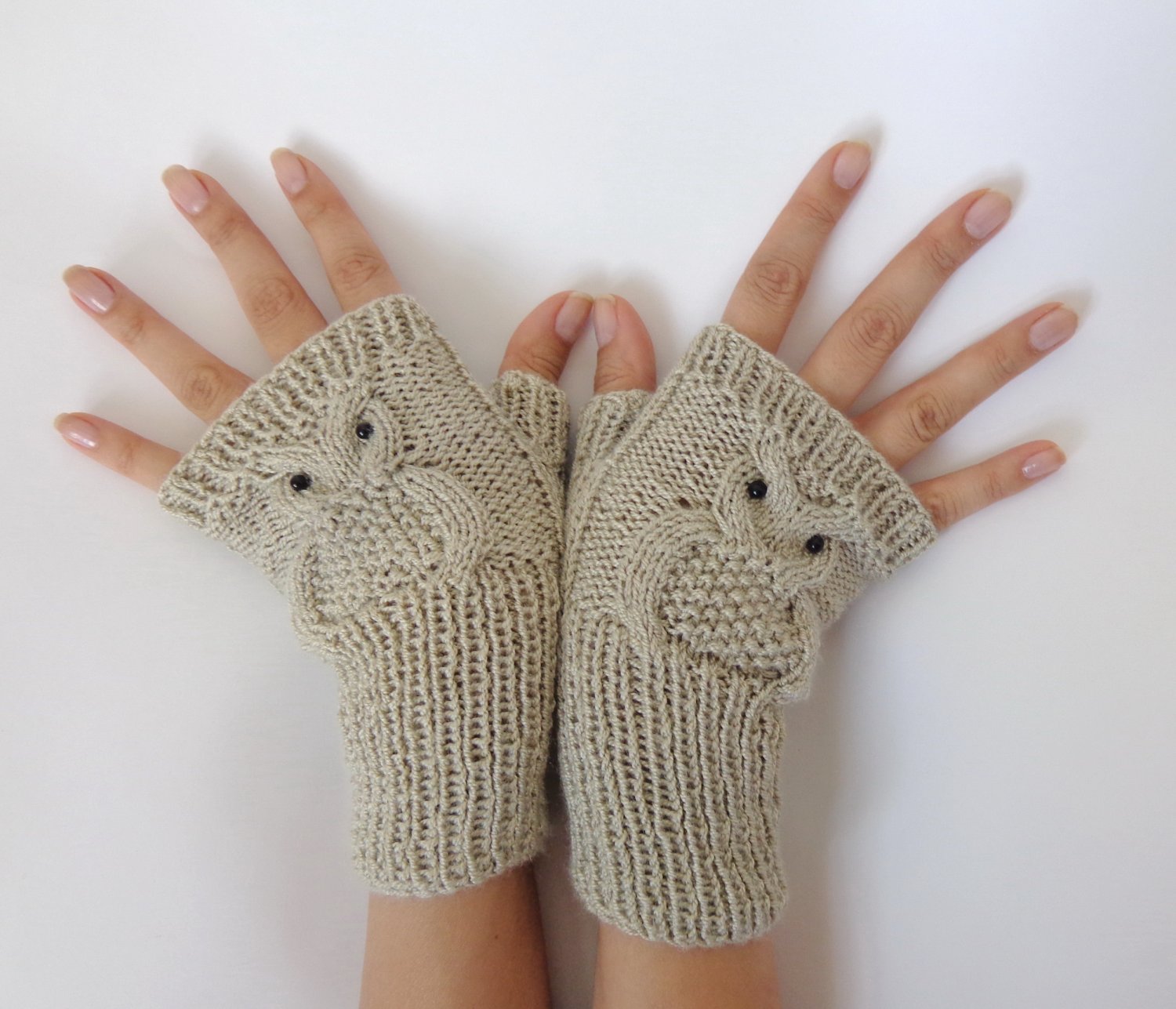 Owl Fingerless Gloves Knitted Mittens Or Mitts In Cream