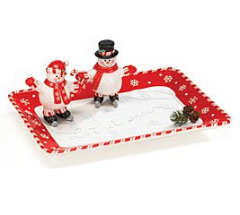 Peppermint Snowman Platter with Salt & Pepper Shakers