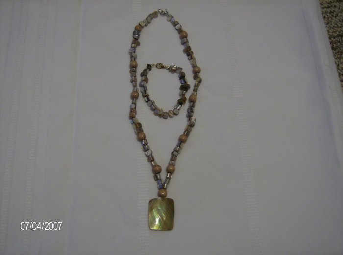Glass Bead necklace with Wooden Bead Accents and Square Pendant and Matching Bracelet
