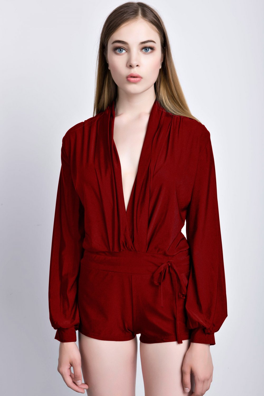 OASAP Long Sleeve Ruffle Sheen Mini Romper, burgundy, L, 40697