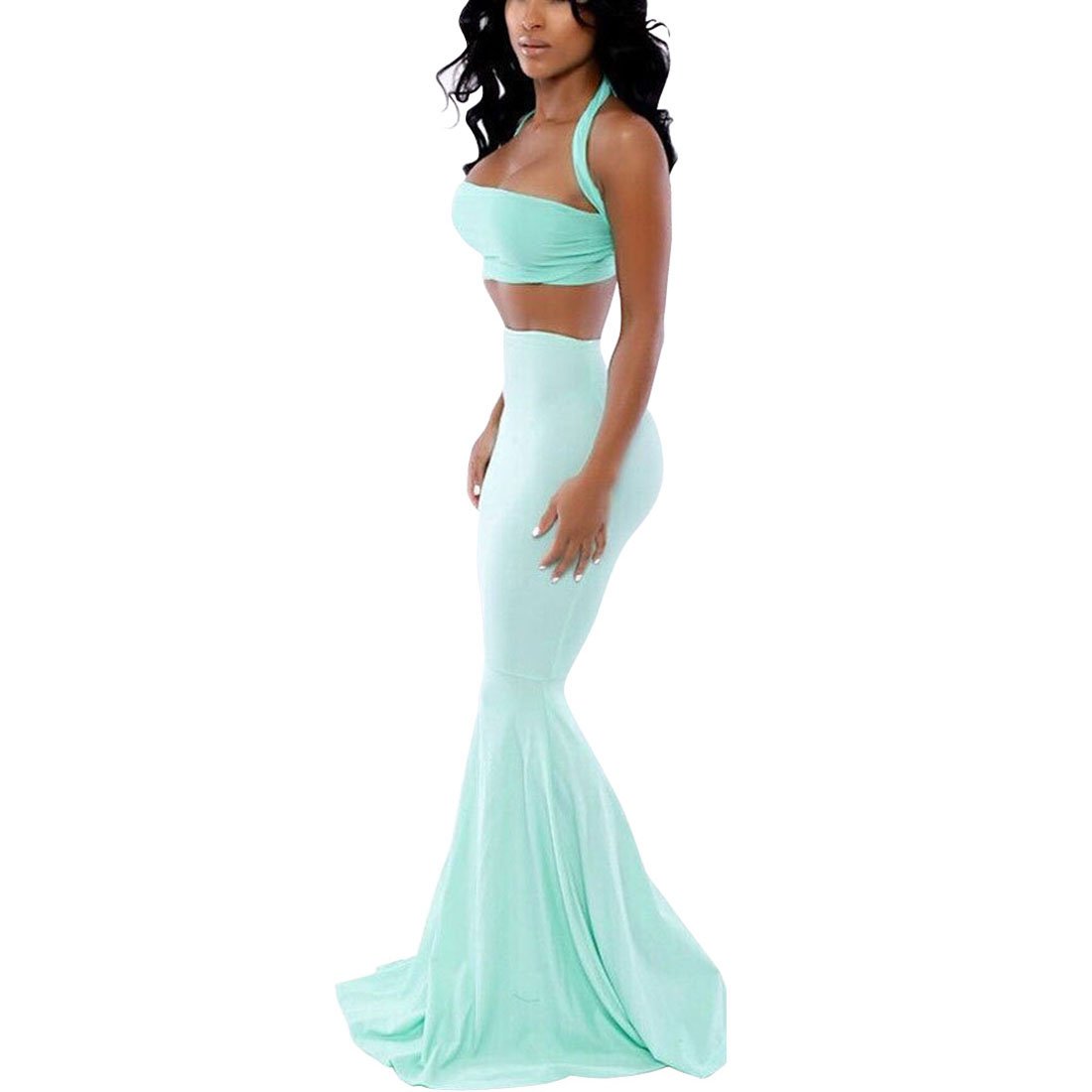 Women Halter Crop Top with Mermaid Maxi Skirt,mint green,S,OP53994