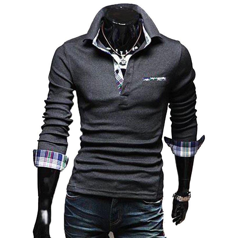 OASAP Tartan-Trim Long Sleeves Man Polo Shirt Men Casual Short-Sleeves T Shirt,OP44072,deep grey,M