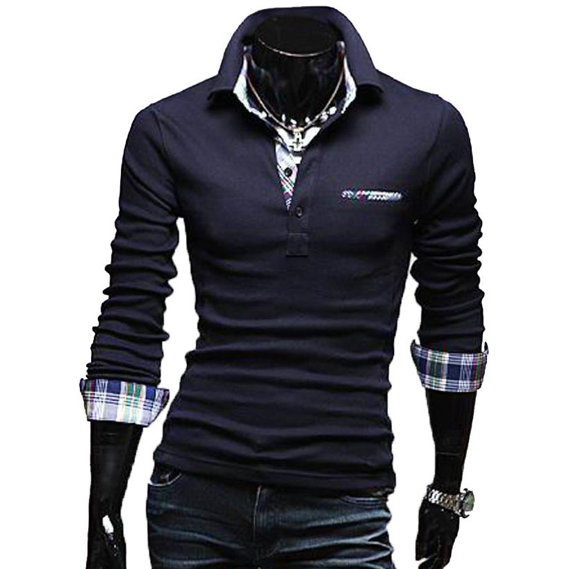 OASAP Tartan-Trim Long Sleeves Man Polo Shirt Men Casual Short-Sleeves T Shirt,OP44072,navy,XS