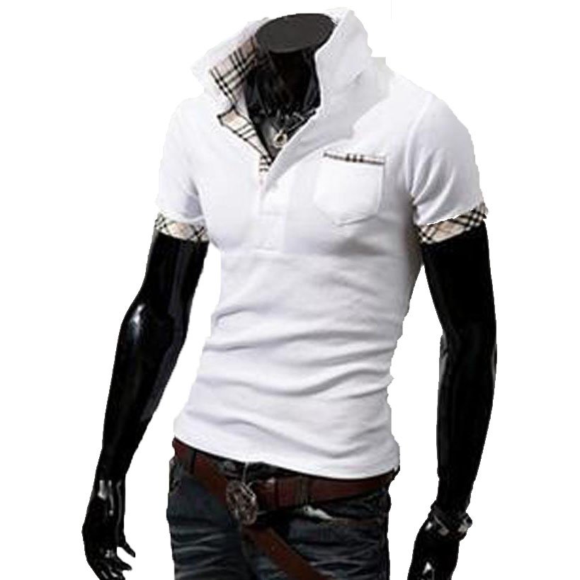OASAP Tartan-Trim Long Sleeves Man Polo Shirt Men Casual Short-Sleeves T Shirt,OP44072,white,S