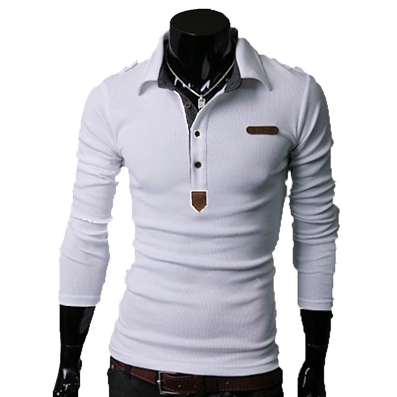 Essential Solid Man Polo Tee Men Long Sleeves Shirt Top,OP44318,white,S