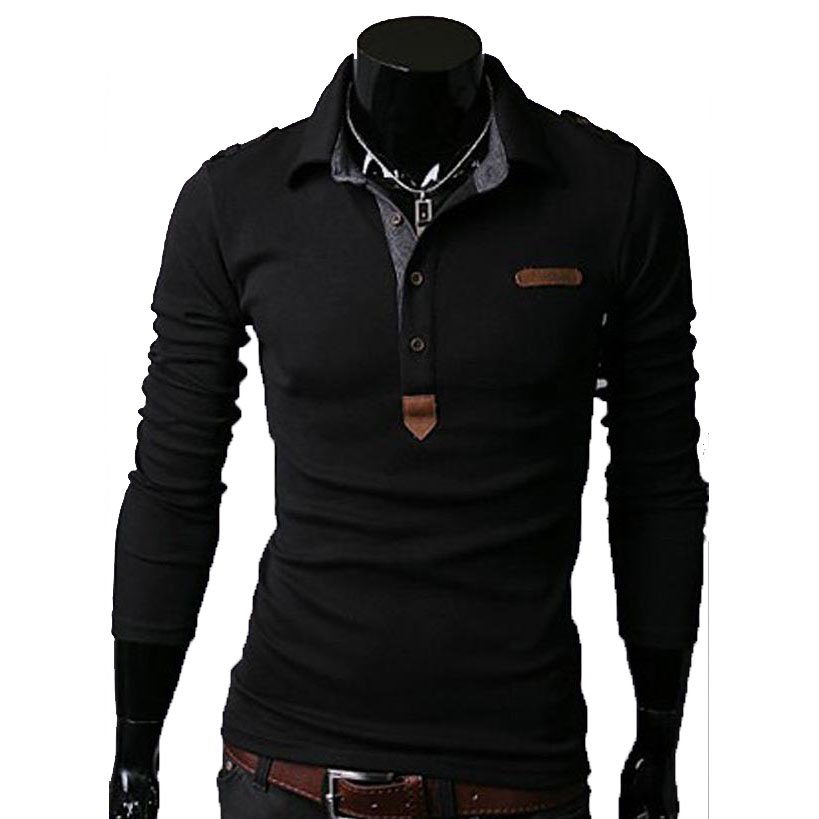 Essential Solid Man Polo Tee Men Long Sleeves Shirt Top,OP44318,black,M