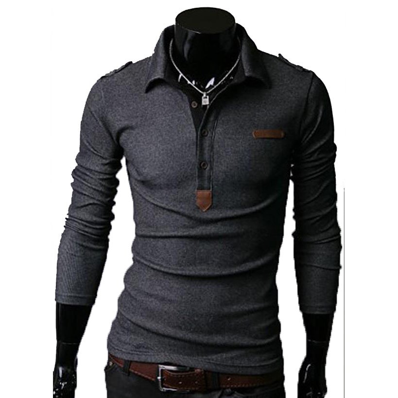 Essential Solid Man Polo Tee Men Long Sleeves Shirt Top,OP44318,grey,XS