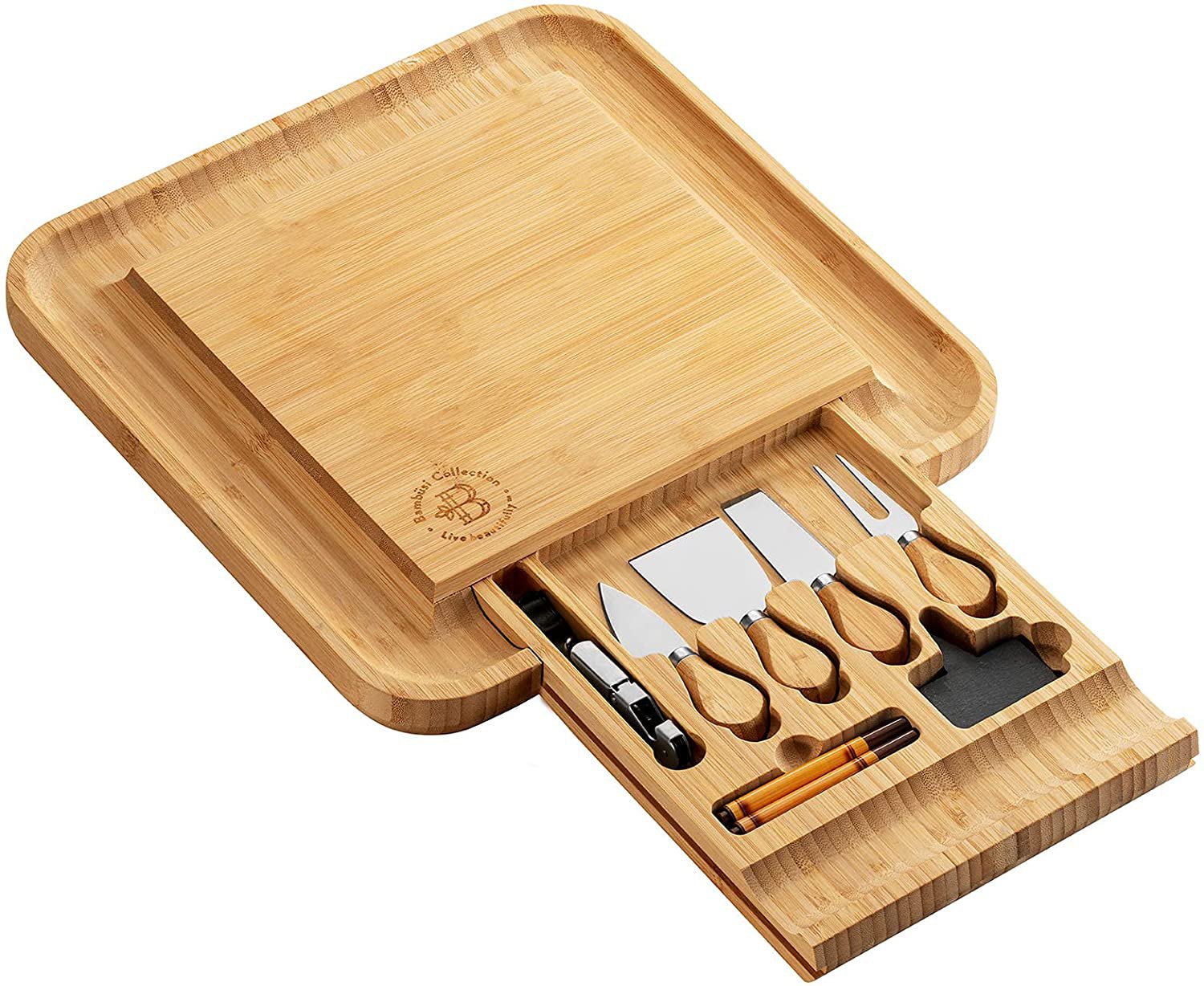 Bambusi Square Bamboo Cheese Board With Cutlery Set Piece Knife Block Set