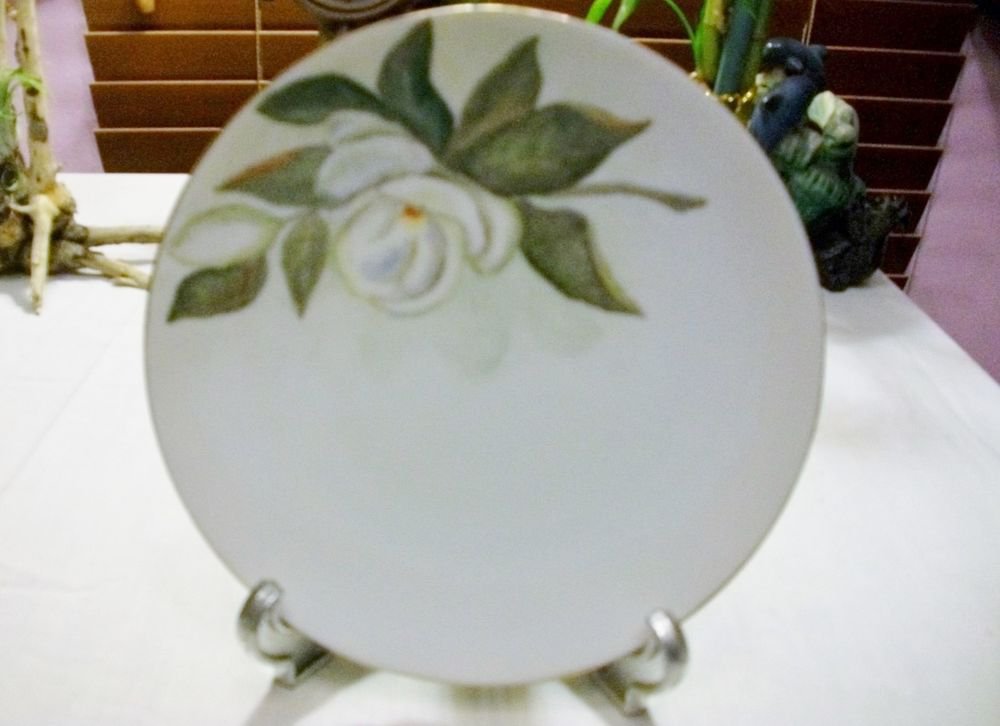Vintage 1952 WHITE ROSE PLATE TRIMMED w/ GOLD SIGNED by J.S.L + Old HANGER