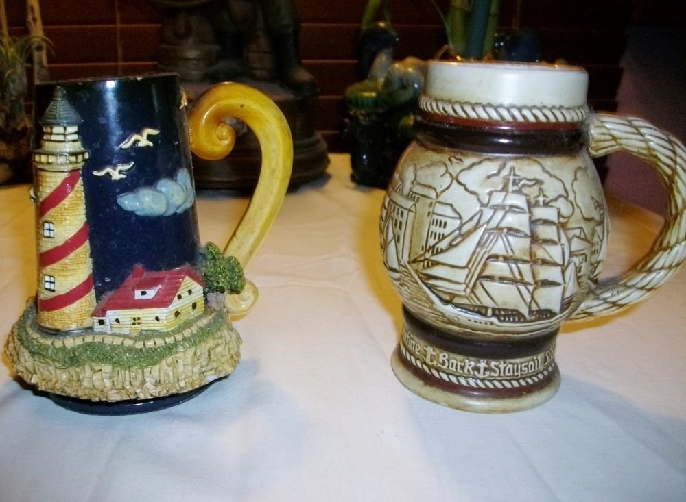 VTG 1982 Avon BOAT NAUTICAL LIGHTHOUSE Stoneware BEER Steins ~2~ SEAGULLS SHIP