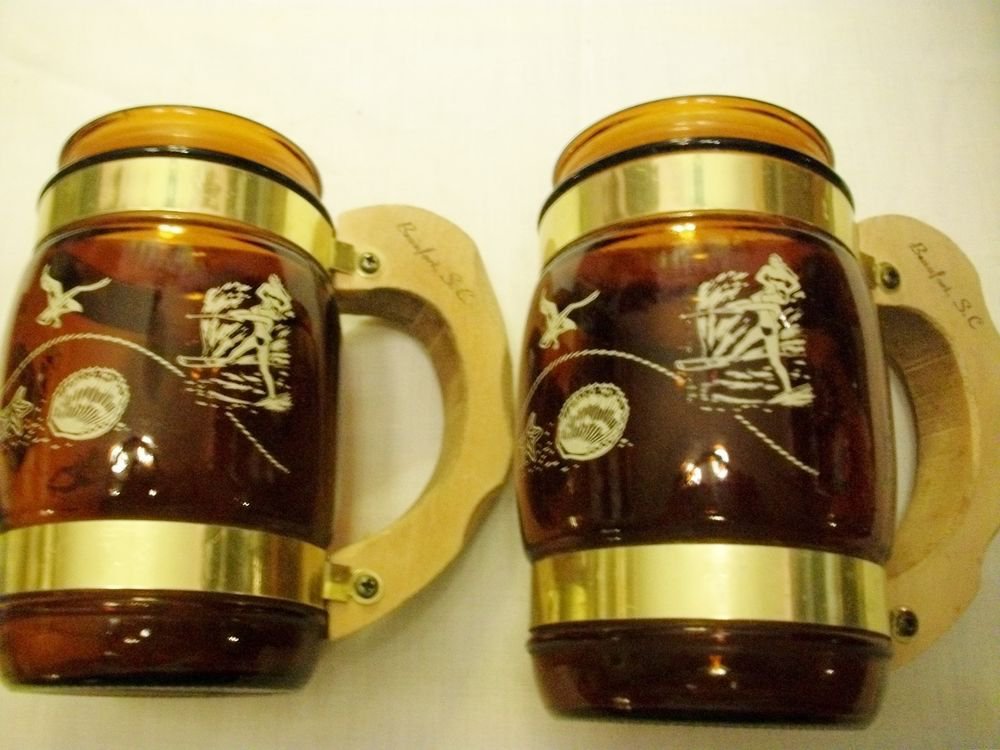 Vintage Glass SIESTA WARE Amber Brass BEER MUGS Wooden Handles Saloon Original
