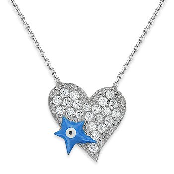 Evil Eye Bead Heart & Charm Greek Turkish Nazar Pendant Sterling Silver Necklace