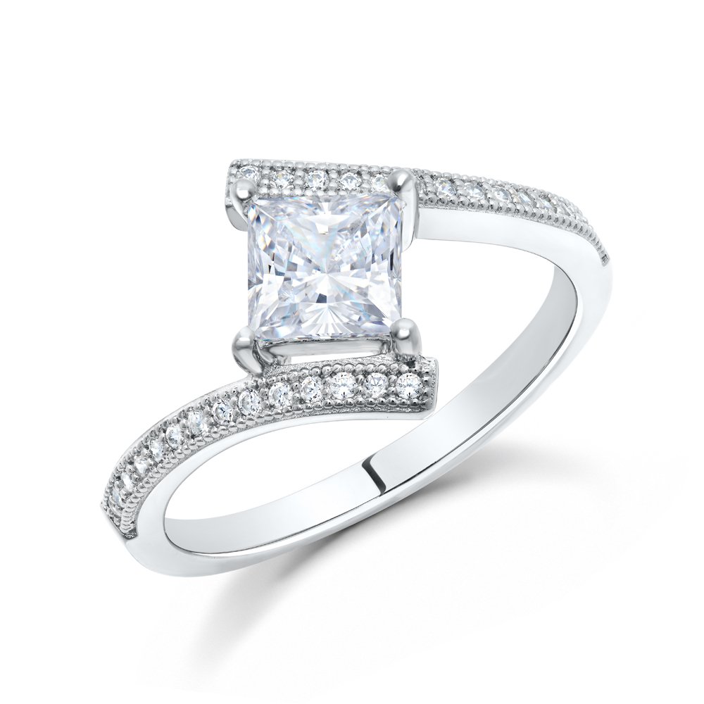 Princess Ladies Engagement Ring Micro Pave sides .925 Sterling Silver Signaty Diamonds
