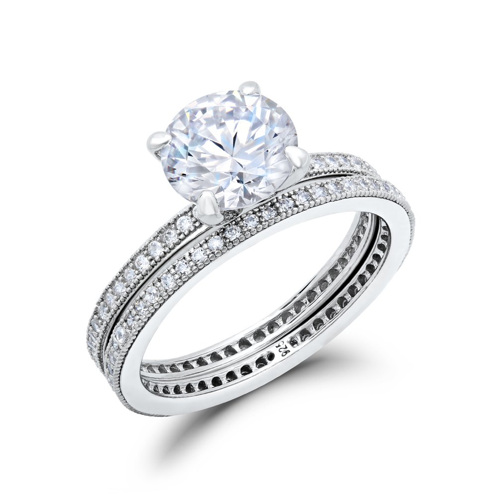 Double Band Ladies Engagement Ring .925 Sterling Silver Micro Pave