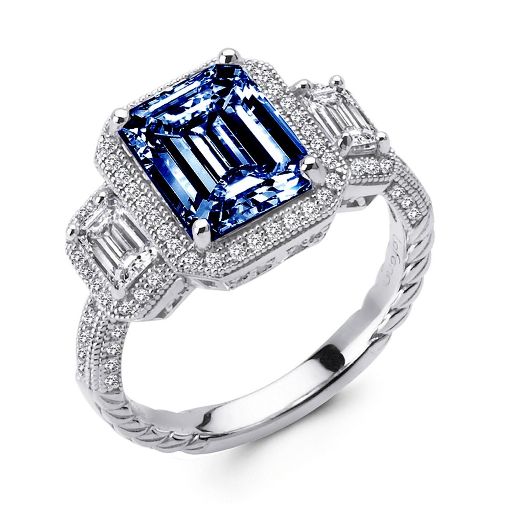Sapphire Blue Corundum Based Three Stone Ladies Engagement Ring Sterling Silver Signaty Diamonds