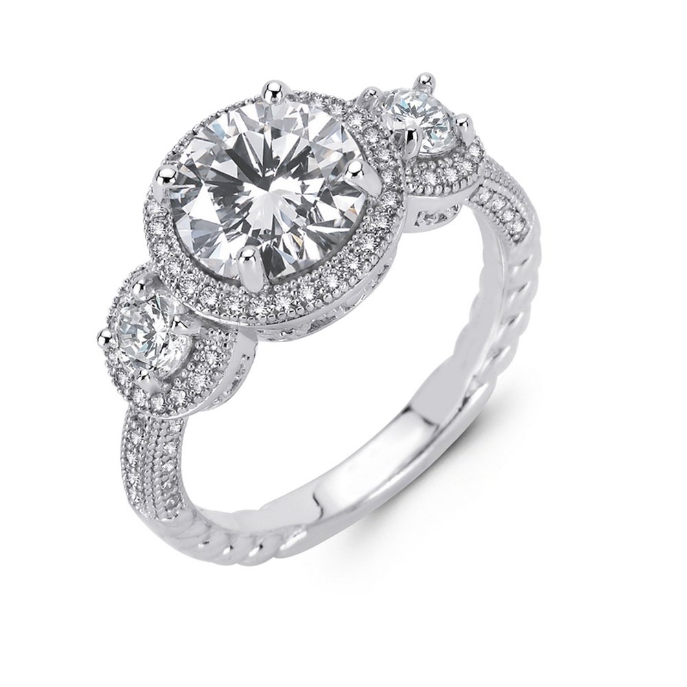 Three Stone Round Ladies Engagement Ring Micro Pave .925 Sterling Silver Signaty Diamonds