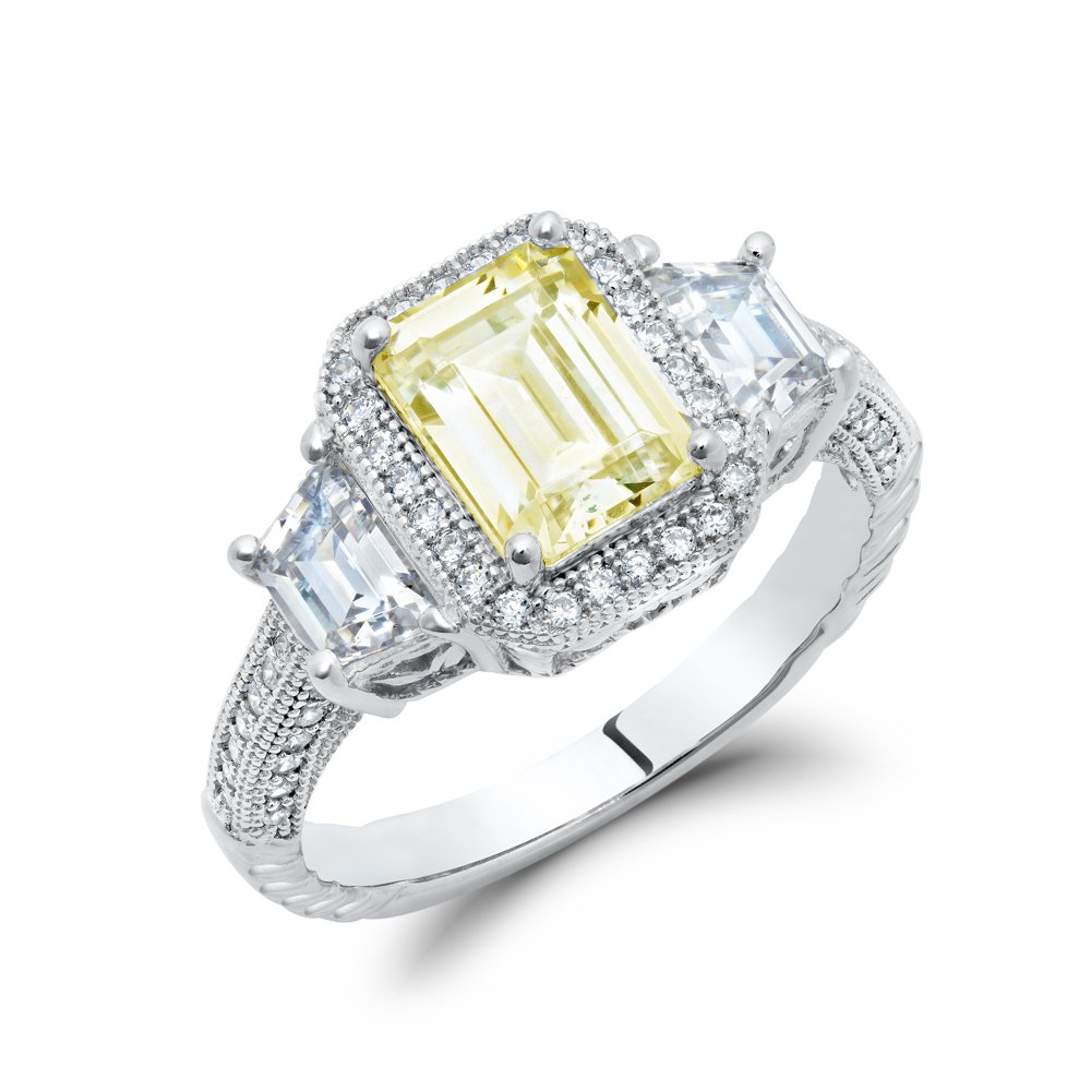 Canary Yellow Three Stone Emerald Engagement Ring Signaty Diamonds .925 Sterling Silver