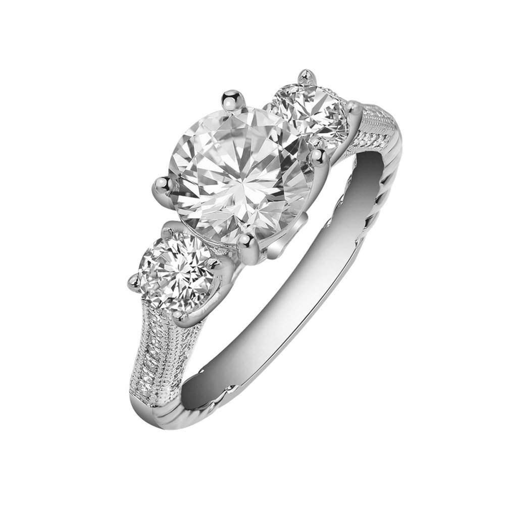 Three Stone Ladies Signaty Diamonds Ring .925 Sterling Silver Micro Pave Engagement Ring
