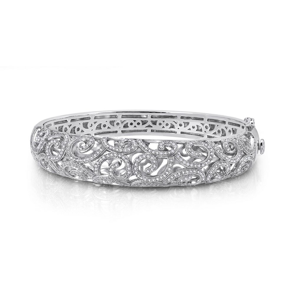 Filigree Micro Pave Signaty Diamond Ladies Bangle .925 Sterling Silver and Platinum Bonded