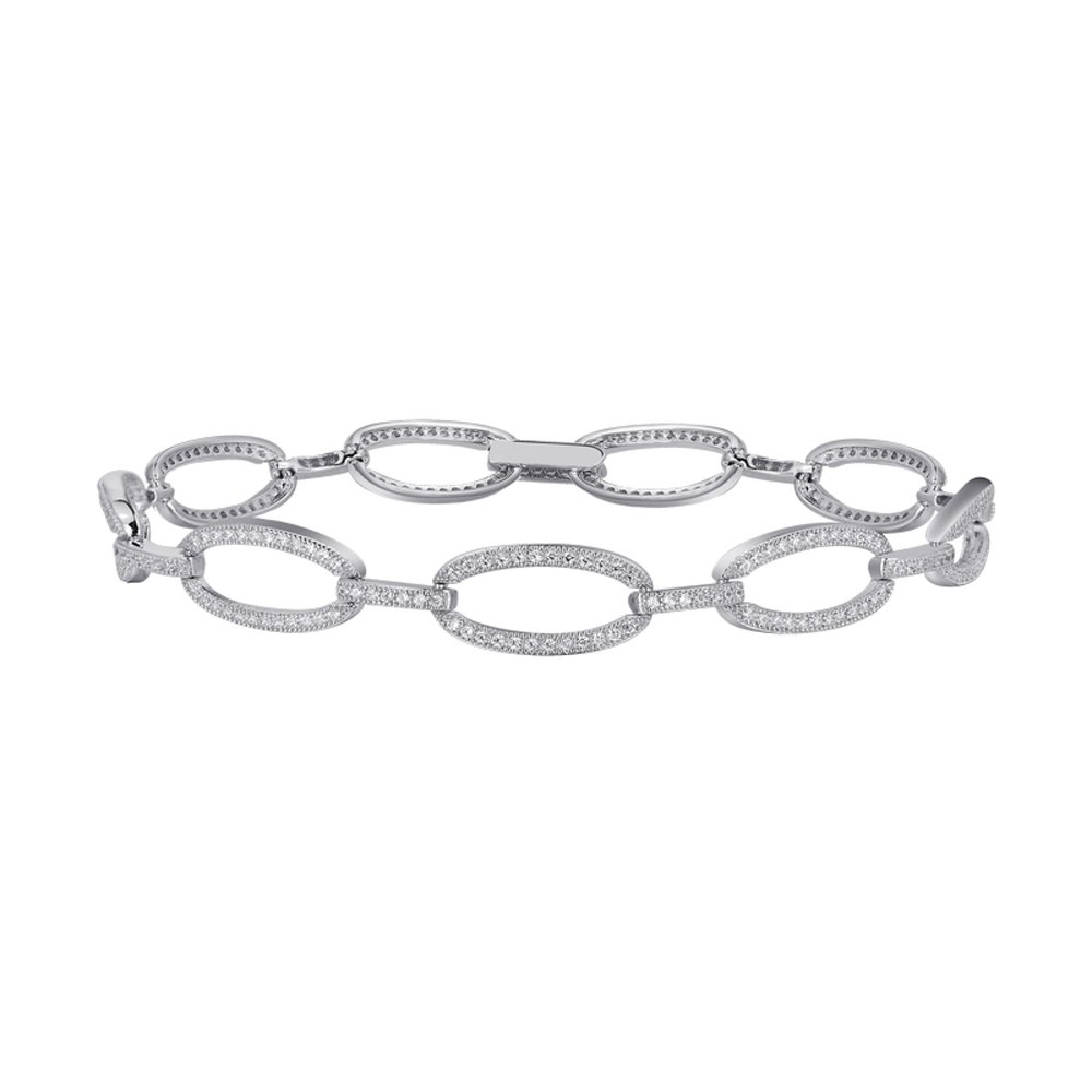 Oval Link Bracelet with Signaty Diamonds on Solid Sterling Silver .925 bonded with Platinum