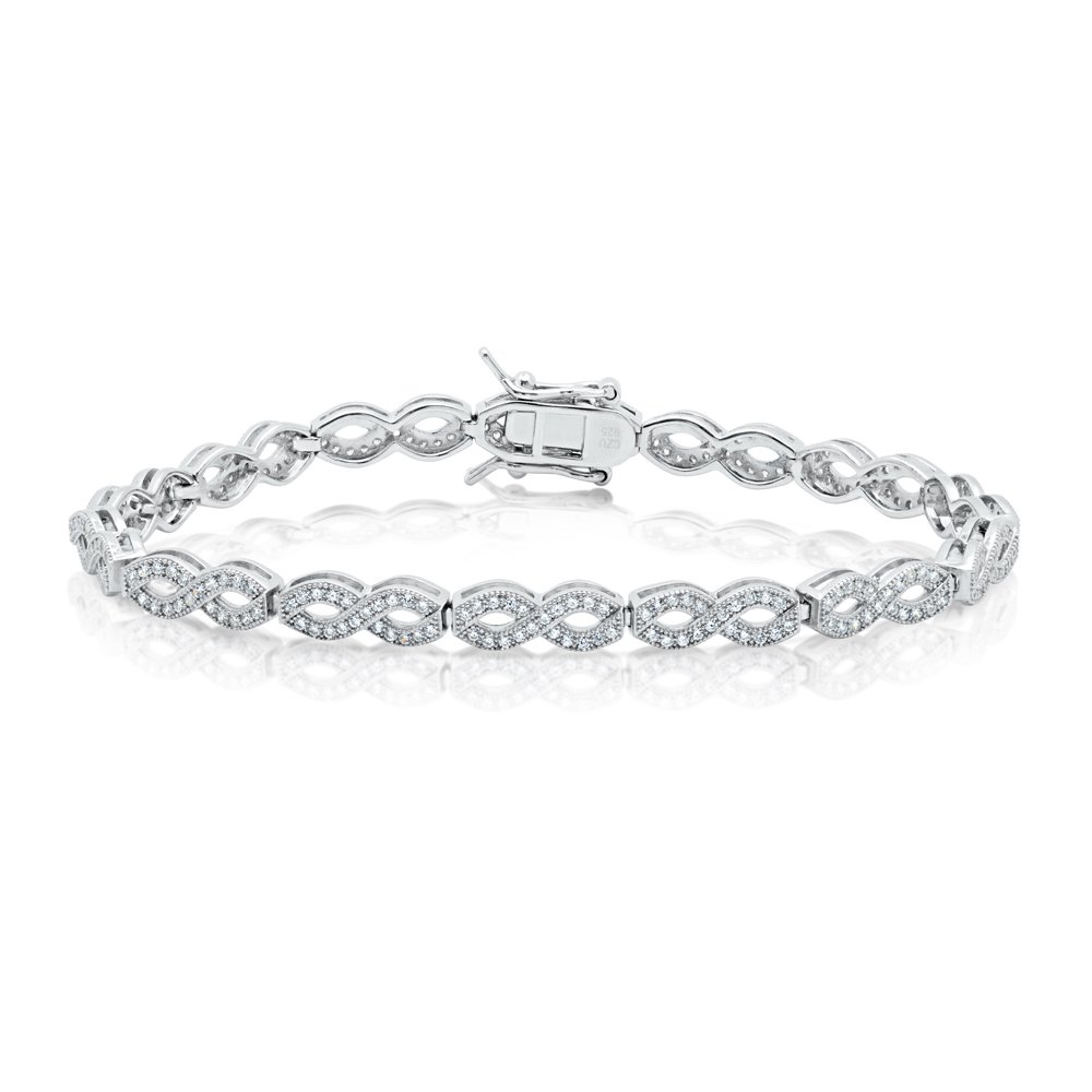 Ladies Classic Infinity Signaty Diamonds .925 Bracelet Solid Sterling Silver Micro Pave