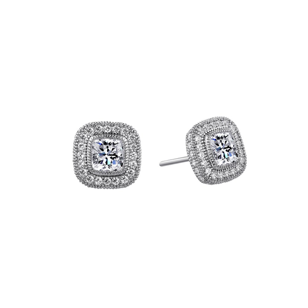 Cushion Cut Signaty Center Stone Stud Earrings on Solid Sterling Silver .925 Bonded with Platinum