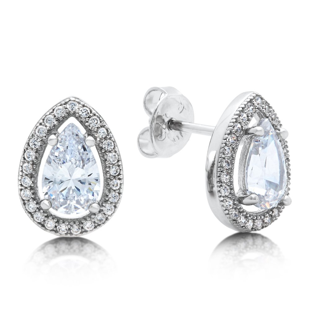 Pear Shape Signaty Simulated Diamond Earring Push Back Micro Pave bonded with Platinum