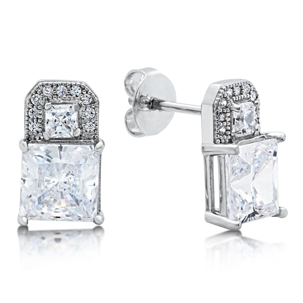Princess Cut Signaty Simulated Diamond Earring Push Back on Solid Sterling Silver with Platinum