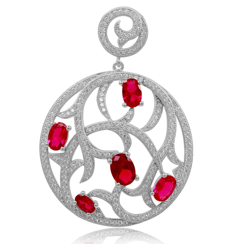 Round Pendant Red Ruby Corundum Stone and Signaty Simulated Diamonds on Solid Sterling Silver .925