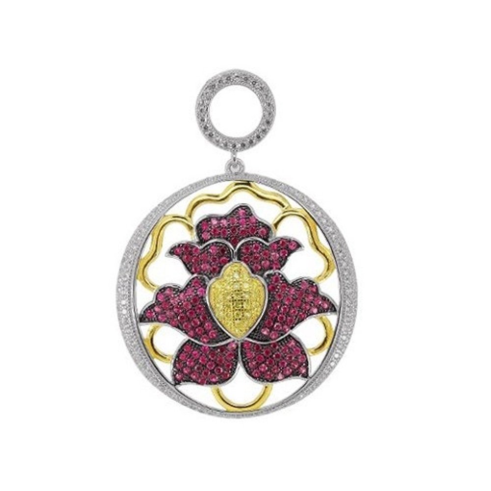 Ruby Red & Canary Yellow Signaty Simulated Diamonds Round Floral Design Pendant on Sterling Silver