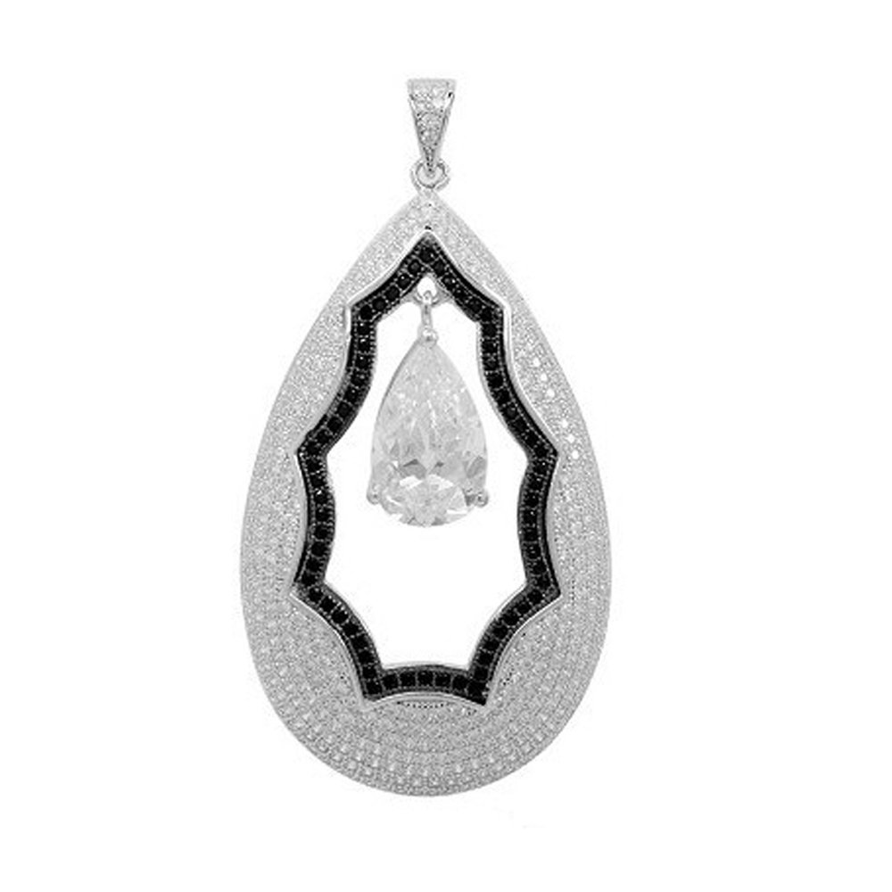 Micro Pave Black & White Sterling Silver Pear Shape Signaty Simulated Diamond Pendant .925