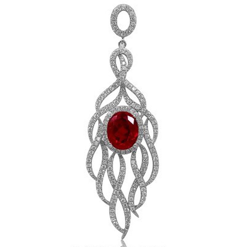 Ruby Red Corundum Based Oval Stone Micro Pave Pendant with Signaty Simulated Diamonds on .925 Silver