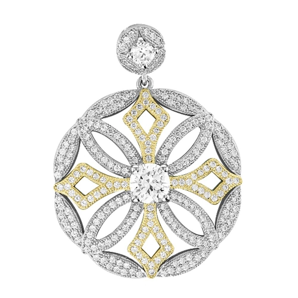 Gold Plate & Sterling Silver .925 Micro Pave Round Pendant with Signaty Simulated Diamonds