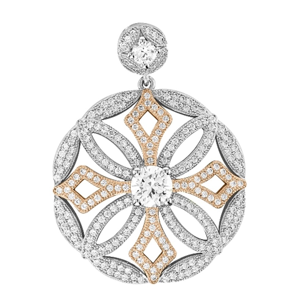 Rose Gold Plate & Sterling Silver .925 Micro Pave Round Pendant with Signaty Simulated Diamonds