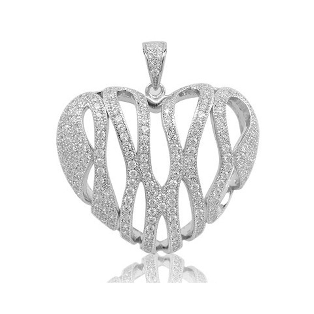 .925 Heart Sterling Silver Pendant with Signaty Simulated Diamonds Micro Pave