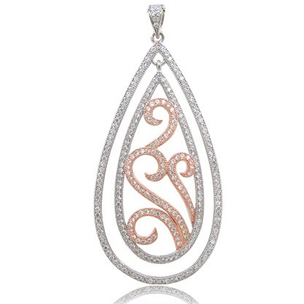 Rose Gold Plate and .925 Sterling Silver Double Drop Pendant with Signaty Simulated Diamonds
